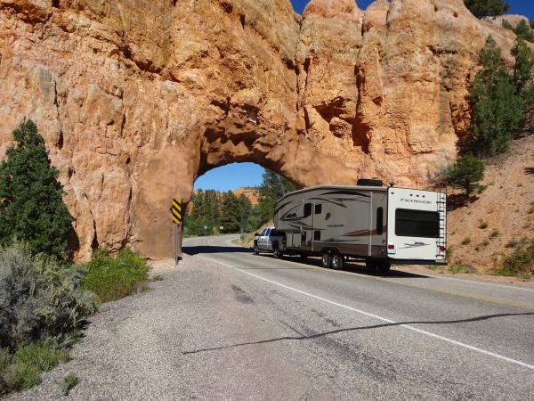 Our trailer going through a rock cut on Biway 12 in Utah.