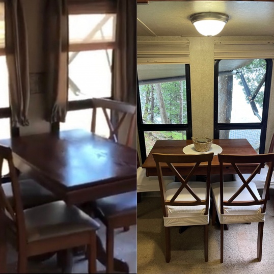 Removed Stock Window Valances and Curtains and Wallpaper Border, Unbolted Table from Floor and Turned it Sideways and Added Lighter, Brighter Slip-on 