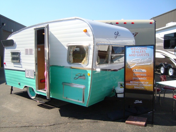 Seafoam Green over White at the 2014 Forest River Expo in Elkhart Indiana. This is a limited run of only 1941 "1961 Shasta Airflyte Re-Issued in 2015"