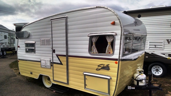 Serial Number 259 of 1941 Butternut Yellow over White. This is a limited run of only 1941 "1961 Shasta Airflyte Re-Issued in 2015" travel trailers eve