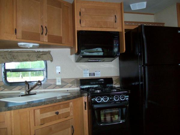 Sink with pull out faucet, Gas stove and oven, magic chef microwave and range hood, full size fridge with ice maker