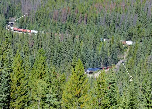 The Canadian Pacific Railroad runs over Kicking Horse Pass between British Columbia and Alberta. Two spiral tunnels were built to reduce the grade fro