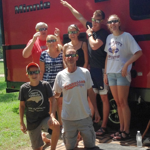 The entire crew, with eclipse glasses in place