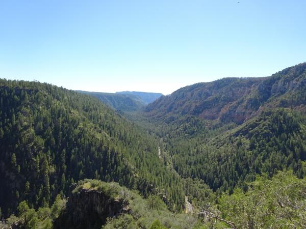 The road from Flagstaff to Sedona, Arizona as viewed from a vista point.