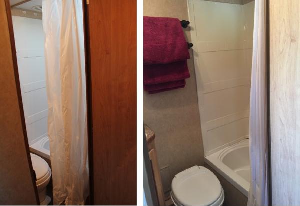 The trailer came with a thin, plastic shower curtain that floated in and wrapped around us when we were showering. I replaced it with a shower curtain