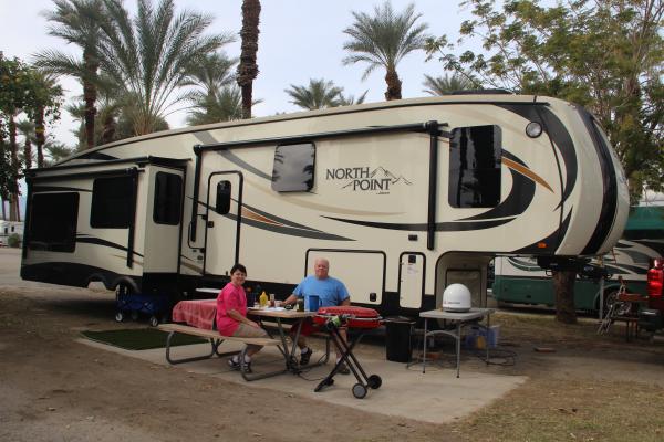 Thousand Trails Palm Desert RV park with our own grapefruit tree and heated swimming pool nearby