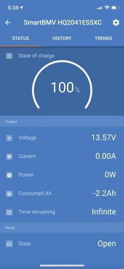 Victron Energy BMV 712 Bluetooth interface mobile app showing SoC on LiFePO4 battery plant